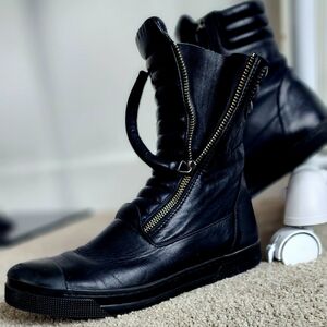 Men's Black Zip-Front Leather High-Top Sneaker Boot